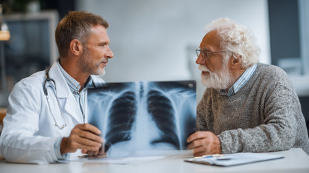 Doctor reviewing chest X-ray with senior patient during medical consultation in clinicの素材