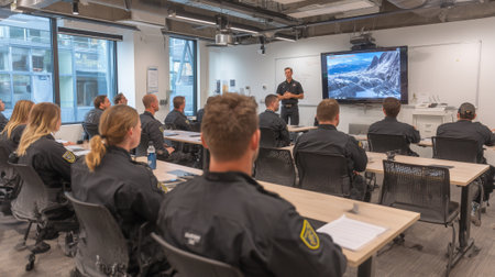 Training instructor teaching group of uniformed officers in modern classroom with presentationの素材