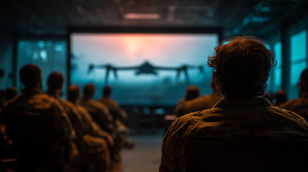 Military personnel attending drone operation training in classroom settingの素材