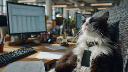 Relaxed office cat enjoying sunlight at workplace deskの素材