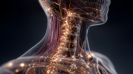 Glowing neural network and cervical spine anatomy visualizationの素材