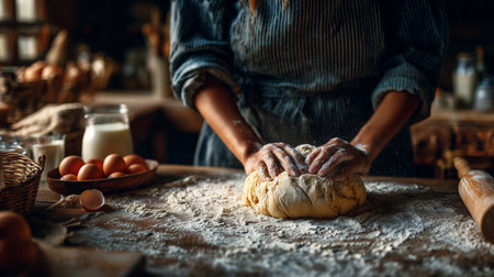 Hands kneading dough with flour in warm rustic kitchen atmosphereの素材