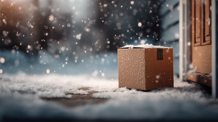 Package left outside doorstep in winter snowの素材