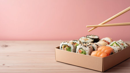 Sushi assortment in takeout box with chopsticks on pink backgroundの素材