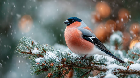 Bullfinch sitting on snowy pine branch in winter forestの素材