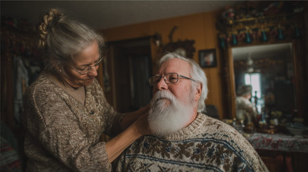 Senior woman helping elderly man at home in warm cozy roomの素材