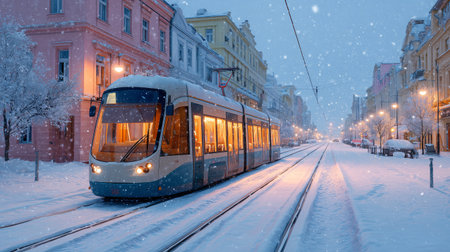 Tram moving through snowy winter city street at duskの素材