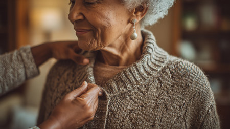elderly woman wearing warm knitted sweater indoorsの素材