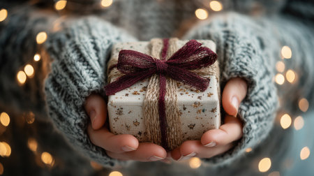 hands holding small wrapped christmas gift with festive lights in backgroundの素材