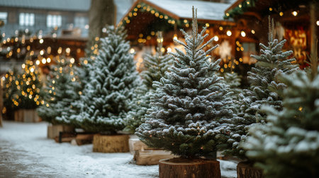 snow covered christmas trees displayed at festive outdoor marketの素材