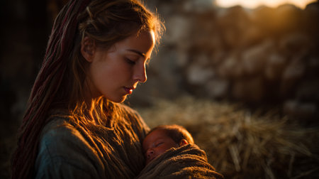Mary holding newborn Jesus Christ in warm sunset lightの素材