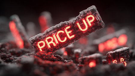 Glowing red Price Up digital sign on futuristic dark backgroundの素材