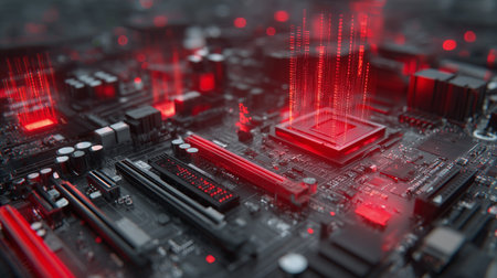 Futuristic motherboard with glowing red data holograms and processor coreの素材