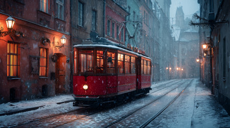 Vintage red tram riding through snowy old town street at duskの素材
