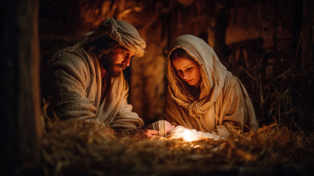 Holy Family Nativity Scene with Baby Jesus in Mangerの素材