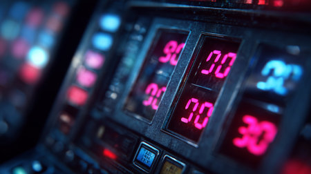 Close-up of digital numbers on casino slot machine displayの素材