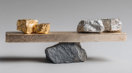 Gold and silver ore balancing on stone surfaceの素材