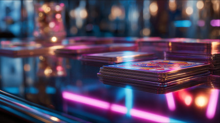 Stacks of playing cards on shiny neon casino tableの素材