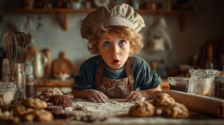 Surprised little chef baking cookies in cozy kitchenの素材