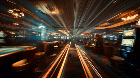 Dynamic motion blur in casino interior with glowing lightsの素材