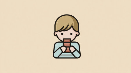 Cute cartoon boy eating chocolate in flat minimal styleの素材
