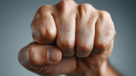 Close-up of male fist in strong powerful gestureの素材