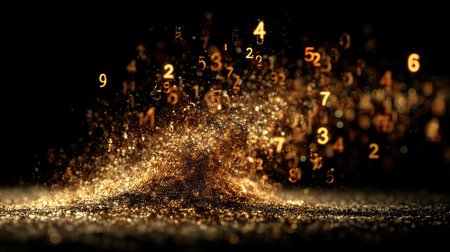 Golden particles with glowing numbers swirling in abstract motionの素材