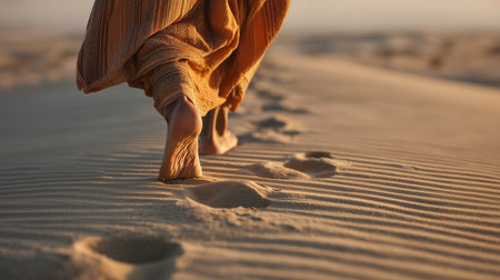 Jesus walks on sandy ground in the desert during sunset carrying a message of hope and love for all peopleの素材