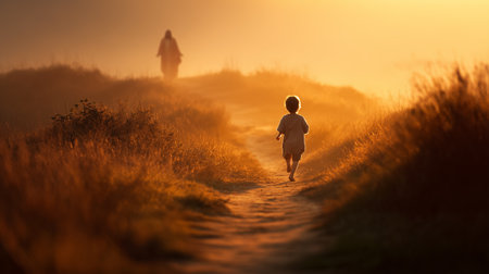 Child walking toward Jesus on desert path at golden sunsetの素材