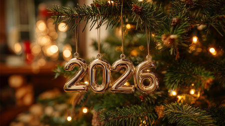 Golden 2026 Christmas ornament hanging on festive treeの素材