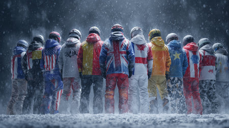 Winter athletes representing different countries standing together in snowfallの素材