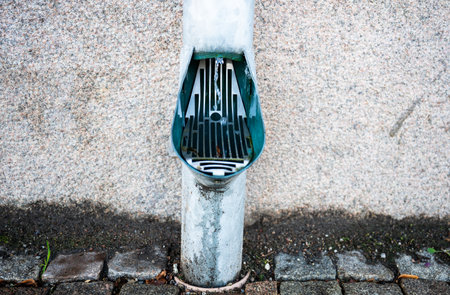 Rainwater downspout with drain grate on stone pavementの写真素材