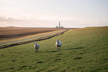 Sheep grazing on green coastal pasture with lighthouse in background