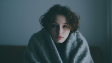 Thoughtful young woman wrapped in warm blanket creating calm and emotional cozy atmosphere at homeの素材