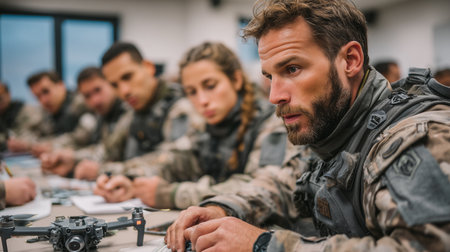 Experienced military instructor briefing soldiers during tactical drone training sessionの素材