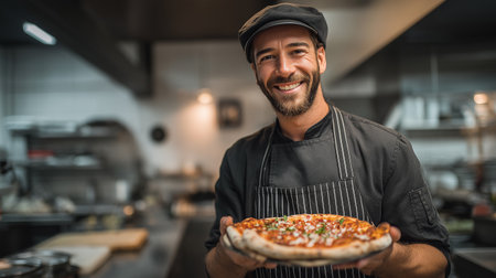 Chef proudly presenting freshly baked pizza in professional restaurant kitchen environmentの素材