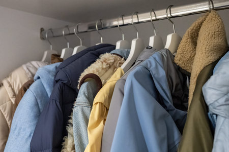 Assorted winter jackets and coats in different colors hanging on clothing rack in wardrobe close-up