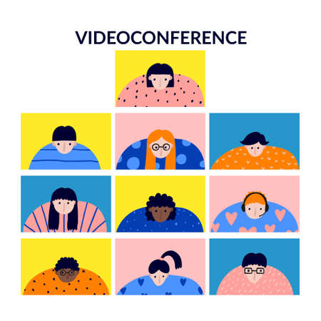 Collection set of people portraits. Multinational team. Isolated on white background. Group video online meeting. Hand drawn flat style. Stock vector illustration.のイラスト素材