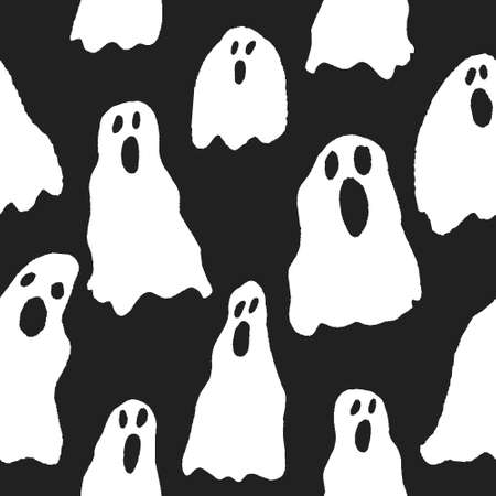 Seamless pattern with ghost. Frightened ghosts sheets isolated on dark background. Hand drawn design for print. Spooky Halloween greeting card, party invitation. Stock vector illustration.のイラスト素材