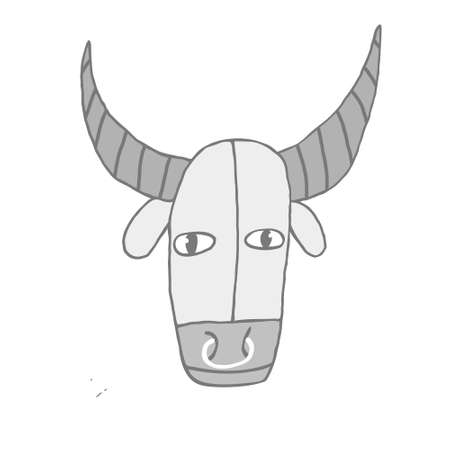 Funny ox head drawing. Bull with big horns and nose ring. Chinese horoscope sign. Cute wild cattle animal portrait isolated on white background. Design for print. Stock vector illustration.のイラスト素材