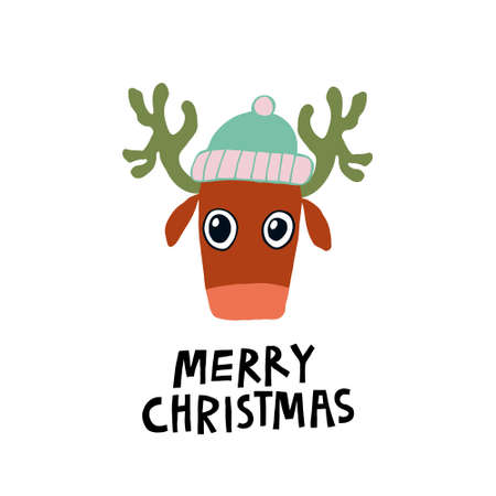Super cute christmas deer in a hat. Merry Christmas lettering sign. Isolated on white background. Lovely design for card, poster, postcard. Stock vector illustration drawn by hand.のイラスト素材