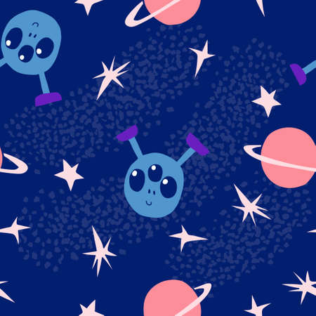 Cute colored seamless pattern with aliens, planets and stars in space. Dark background. Lovely little creature with three eyes. Fun design for textile, wrapping paper. Stock vector illustration.のイラスト素材
