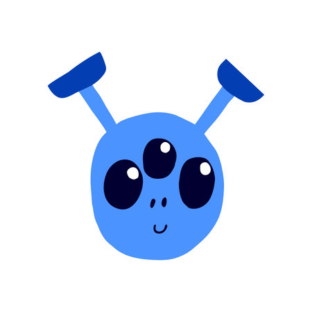 Cute little alien with three eyes and smile. Isolated on white background. Flat alien head drawn by...