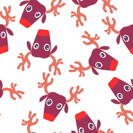 Christmas seamless pattern. Super cute deer isolated on white background. Adorable horned animals faces. Hand drawn festive backdrop. Design for textile, wrapping paper. Stock vector illustration.のイラスト素材