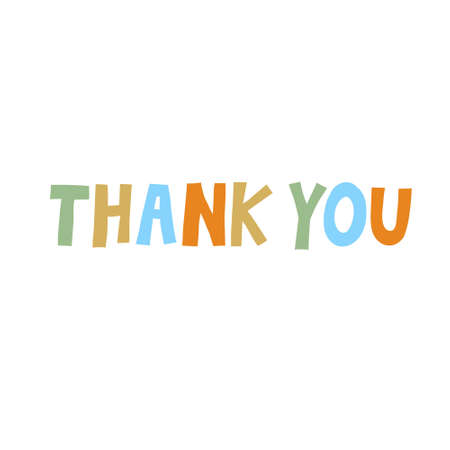 Thank you card. Multicolor lettering isolated on white background. Fun sign design for card, poster, banner, print. Stock vector illustration drawn by hand.のイラスト素材