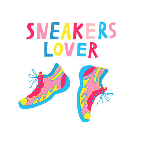 "Sneakers lover" hand drawn lettering and shoes. Sport footwear. Multi colored letters. Fun creative design for poster, card, print, shirt. Stock vector illustration.のイラスト素材