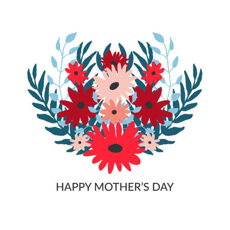 Happy Mother's day greeting card. Floral composition isolated on white background. Bouquet of blossom flowers and leaves. Flat style drawing. Cute design for print, poster. Stock vector illustration.のイラスト素材