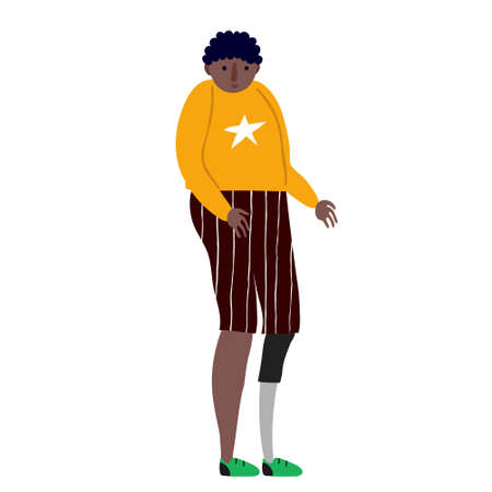 Young afro man with prosthetic leg. Happy smiling adult male isolated on white background. Physical disability. Fun design. Flat style drawing. Stock vector illustration.のイラスト素材