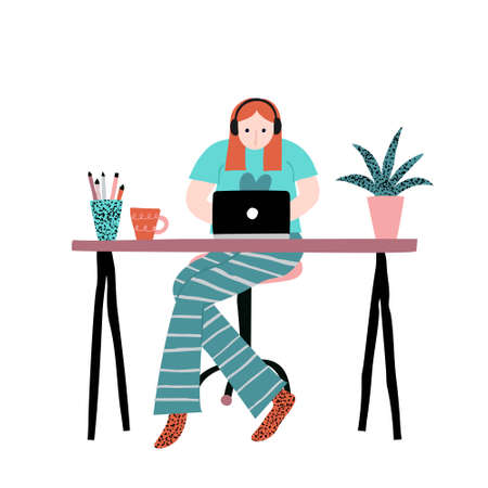 Young caucasian woman with red hair sitting on chair and working on laptop. Work home. Casual clothing. Desk with stuff on it. Isolated on white. Flat style stock vector illustration drawn by hand.のイラスト素材