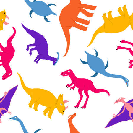 Fun seamless pattern with cute marine, flying and land dinosaurs. Large extinct reptile. Dino print design for kid textile, wrapping paper. Flat style drawing. Stock vector illustration.のイラスト素材